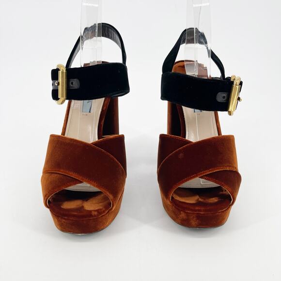 Prada Bicolor Velvet Block-heel Chunky Platform Sandal In Black-Tabacco IT 40 - Picture 6 of 13